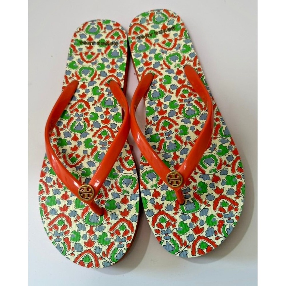 Tory Burch Thin Flip Flops Sandals Orange Floral Print Gold Logo Womens 8.5M